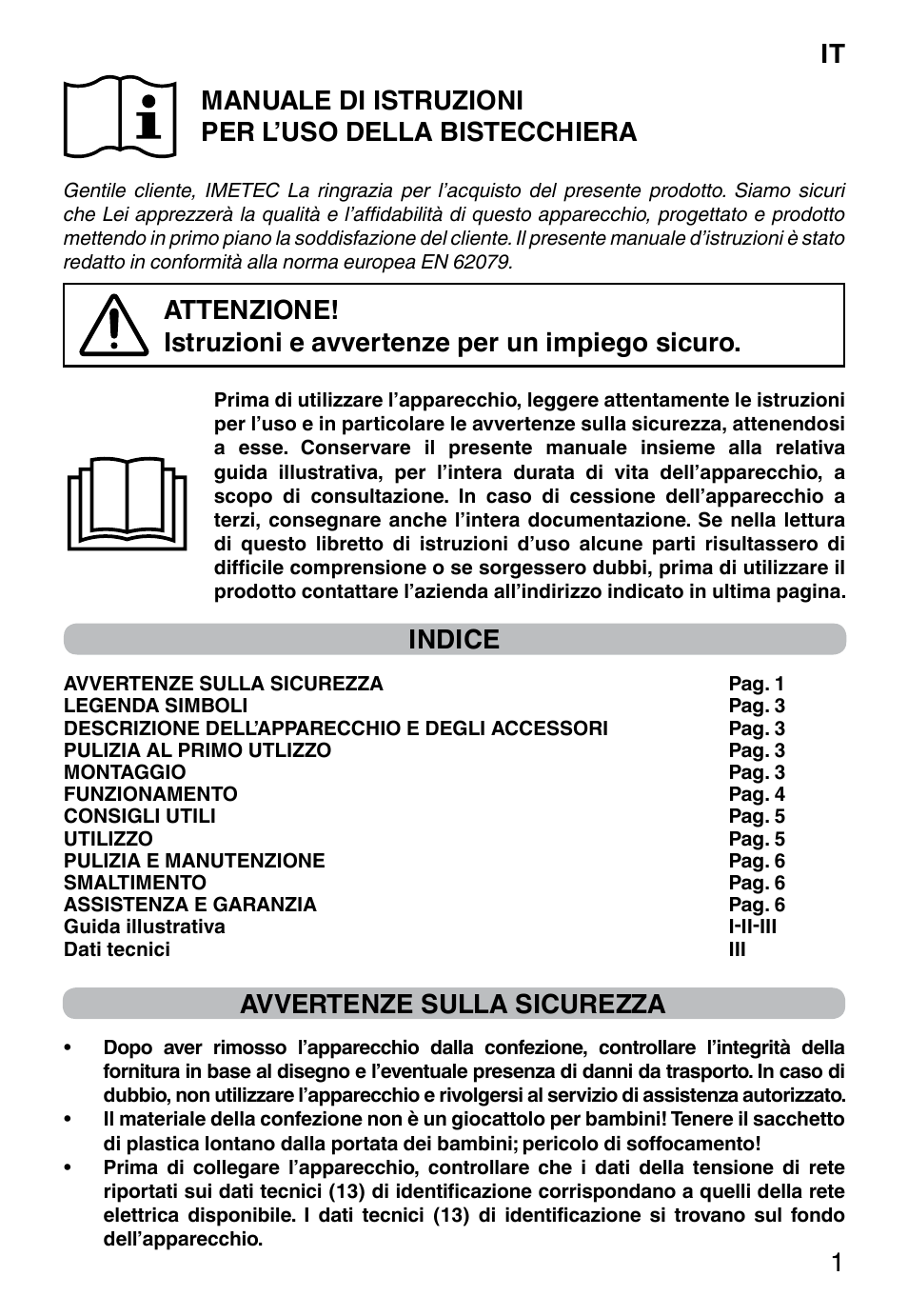 Indice, Avvertenze sulla sicurezza | Imetec PROFESSIONAL SERIE GL 2000 User Manual | Page 3 / 50