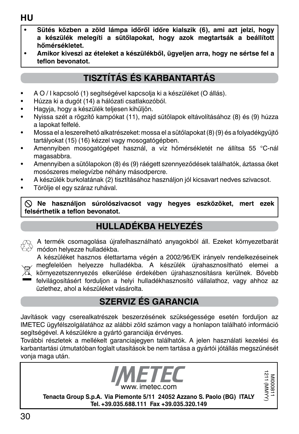 Hu 30, Tisztítás és karbantartás, Hulladékba helyezés | Szerviz és garancia | Imetec PROFESSIONAL SERIE GL 2000 User Manual | Page 32 / 50