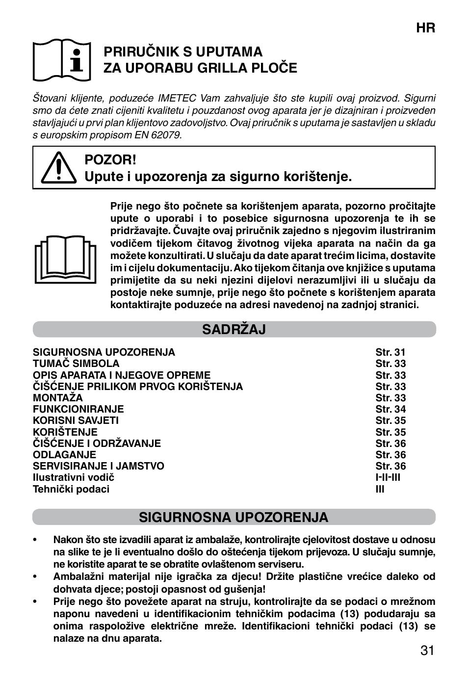 Hr 31 priručnik s uputama za uporabu grilla ploče, Pozor! upute i upozorenja za sigurno korištenje, Sadržaj | Sigurnosna upozorenja | Imetec PROFESSIONAL SERIE GL 2000 User Manual | Page 33 / 50