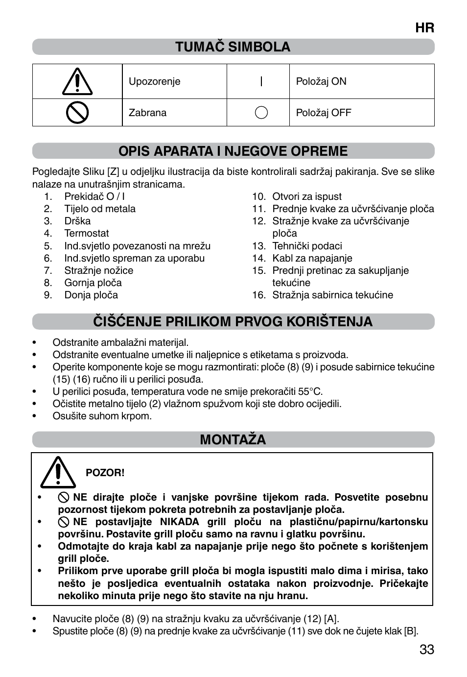 Hr 33 tumač simbola, Opis aparata i njegove opreme, Čišćenje prilikom prvog korištenja | Montaža | Imetec PROFESSIONAL SERIE GL 2000 User Manual | Page 35 / 50