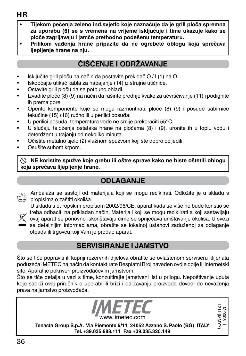 Hr 36, Čišćenje i održavanje, Odlaganje | Servisiranje i jamstvo | Imetec PROFESSIONAL SERIE GL 2000 User Manual | Page 38 / 50
