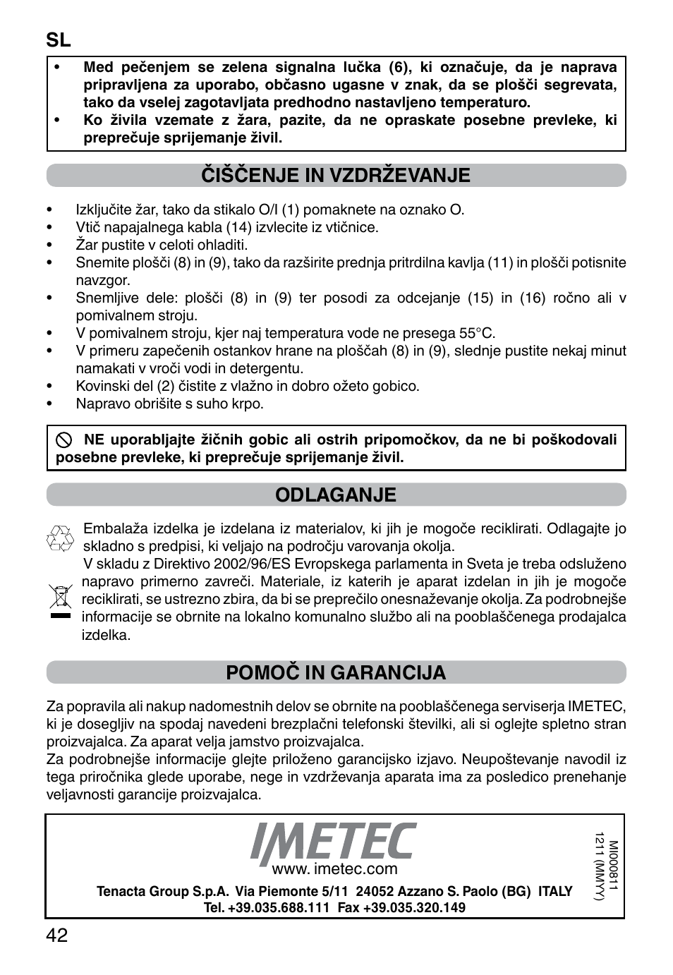 Sl 42, Čiščenje in vzdrževanje, Odlaganje | Pomoč in garancija | Imetec PROFESSIONAL SERIE GL 2000 User Manual | Page 44 / 50