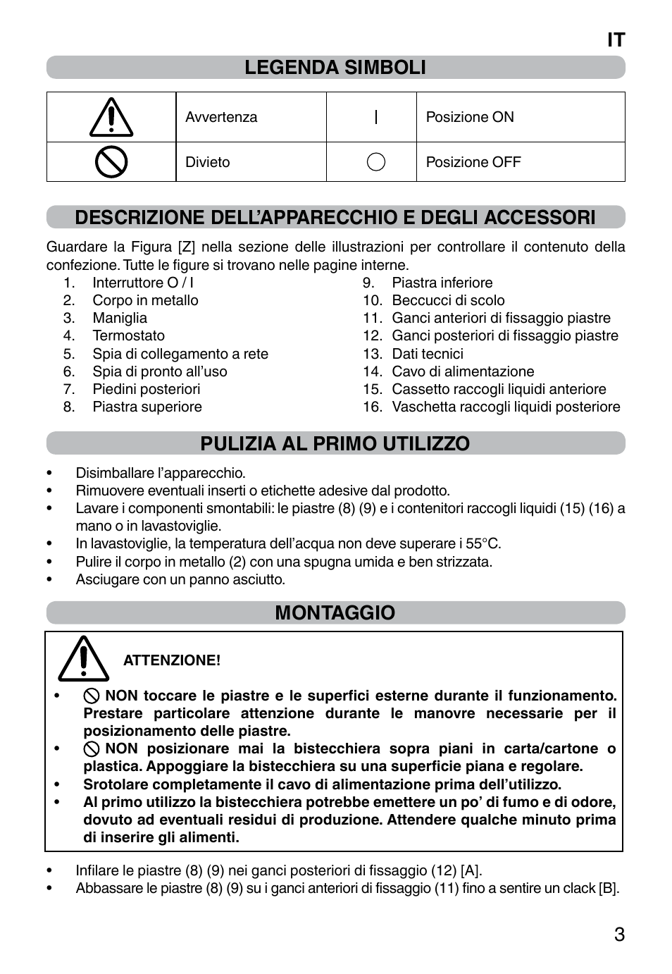 It 3 legenda simboli, Descrizione dell’apparecchio e degli accessori, Pulizia al primo utilizzo | Montaggio | Imetec PROFESSIONAL SERIE GL 2000 User Manual | Page 5 / 50