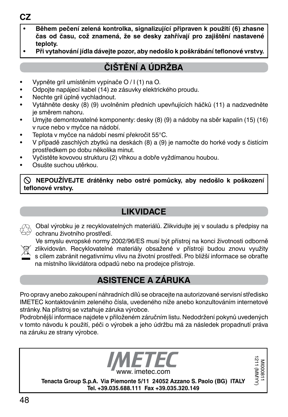 Cz 48, Čištění a údržba, Likvidace | Asistence a záruka | Imetec PROFESSIONAL SERIE GL 2000 User Manual | Page 50 / 50