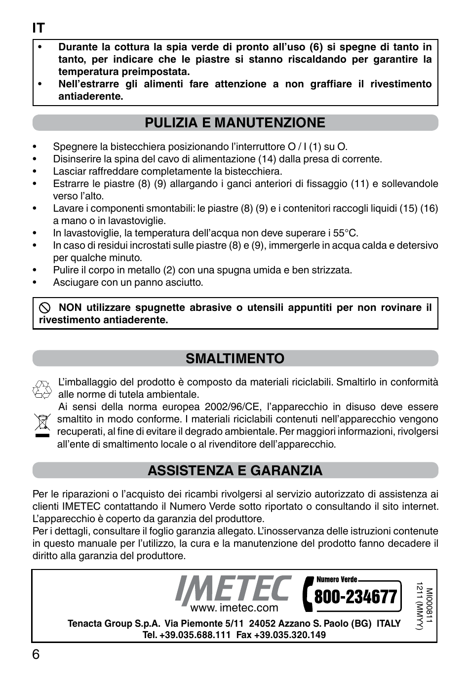 It 6, Pulizia e manutenzione, Smaltimento | Assistenza e garanzia | Imetec PROFESSIONAL SERIE GL 2000 User Manual | Page 8 / 50