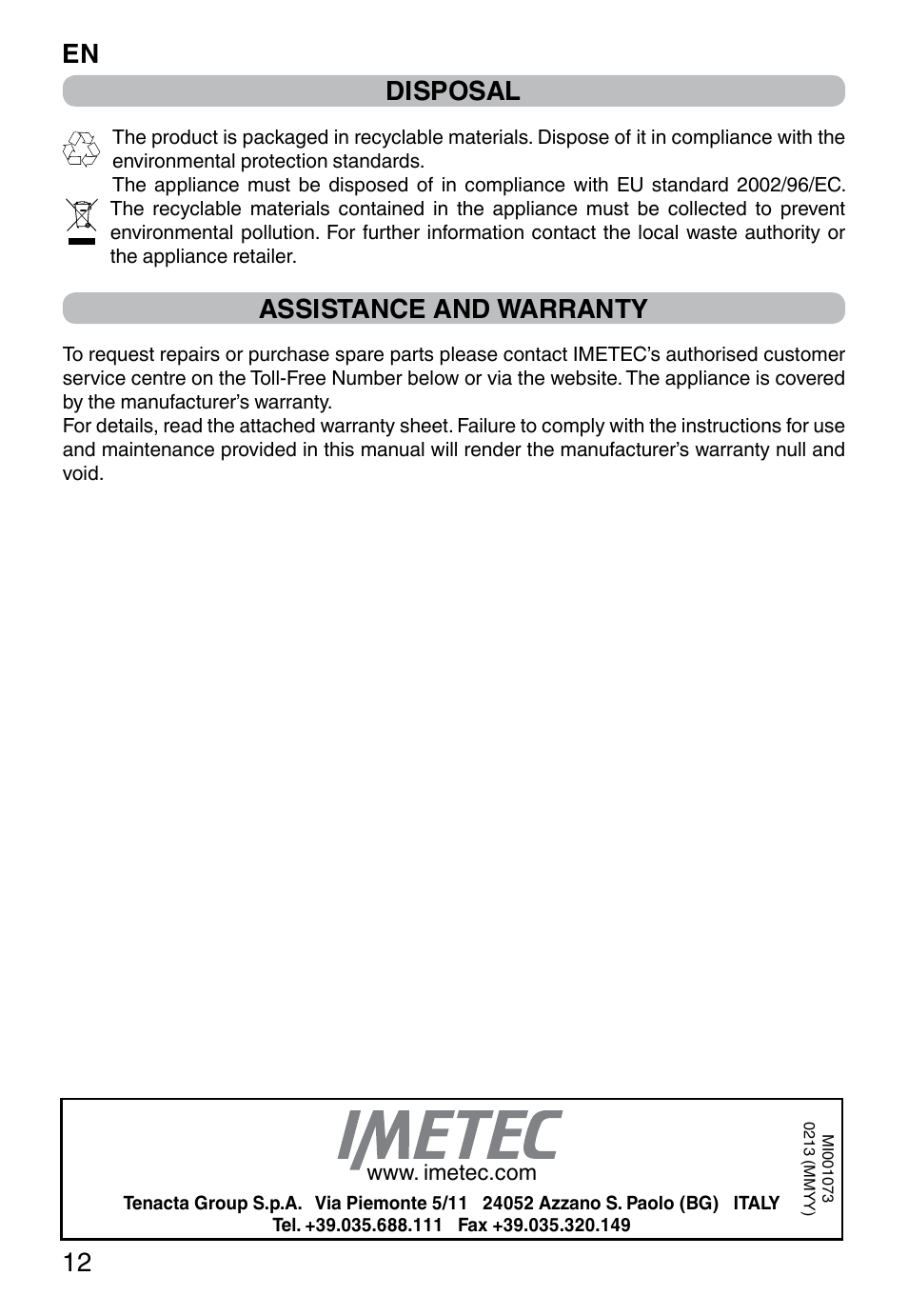 En 12 disposal, Assistance and warranty | Imetec DOLCEVITA GL5 User Manual | Page 14 / 56