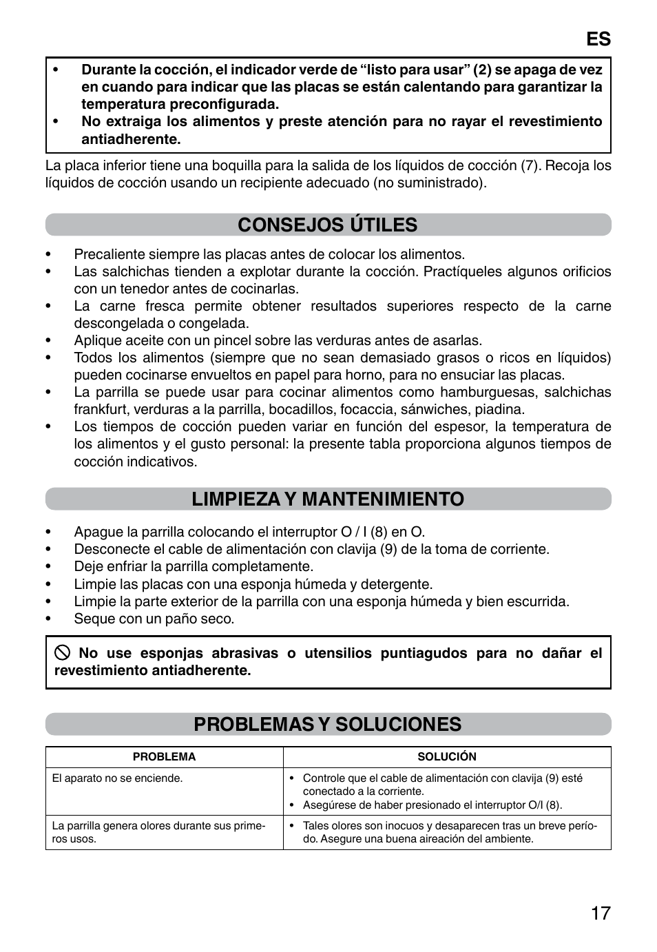 Es 17, Consejos útiles, Limpieza y mantenimiento | Problemas y soluciones | Imetec DOLCEVITA GL5 User Manual | Page 19 / 56