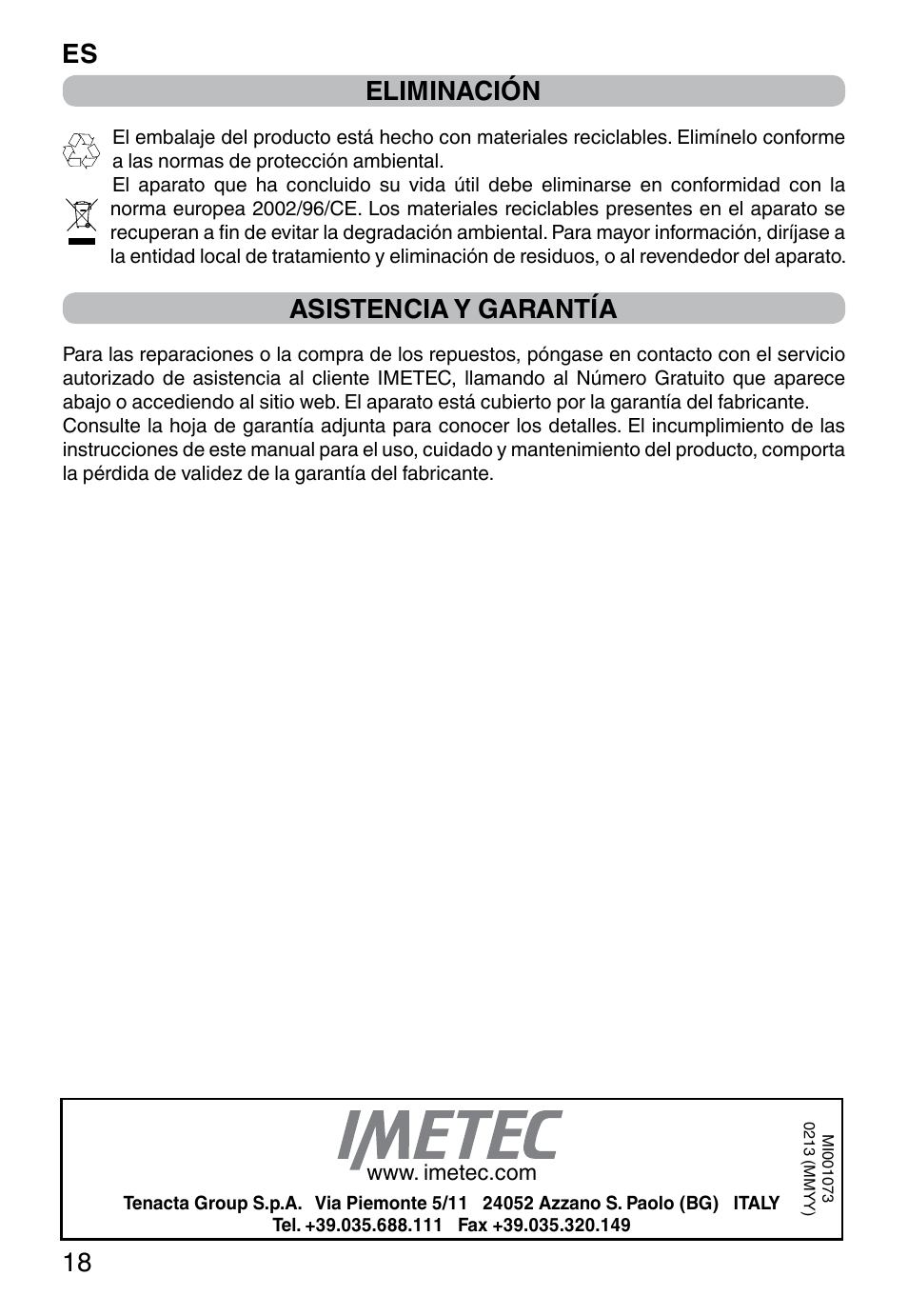 Es 18 eliminación, Asistencia y garantía | Imetec DOLCEVITA GL5 User Manual | Page 20 / 56