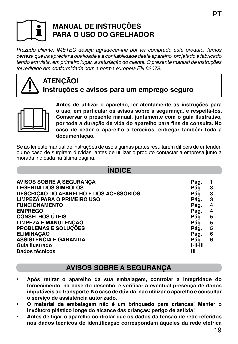 Pt 19 manual de instruções para o uso do grelhador, Índice, Avisos sobre a segurança | Imetec DOLCEVITA GL5 User Manual | Page 21 / 56