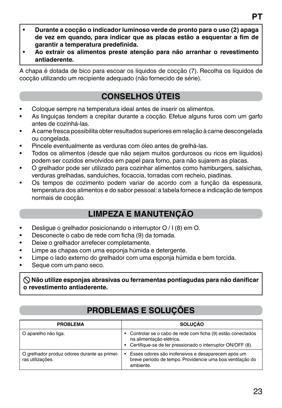 Pt 23, Conselhos úteis, Limpeza e manutenção | Problemas e soluções | Imetec DOLCEVITA GL5 User Manual | Page 25 / 56