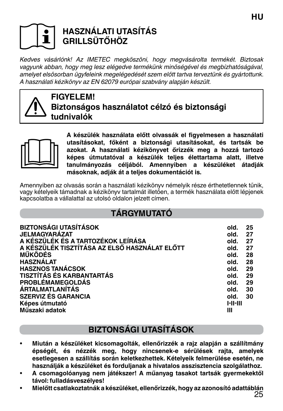 Hu 25 használati utasítás grillsütőhöz, Tárgymutató, Biztonsági utasítások | Imetec DOLCEVITA GL5 User Manual | Page 27 / 56