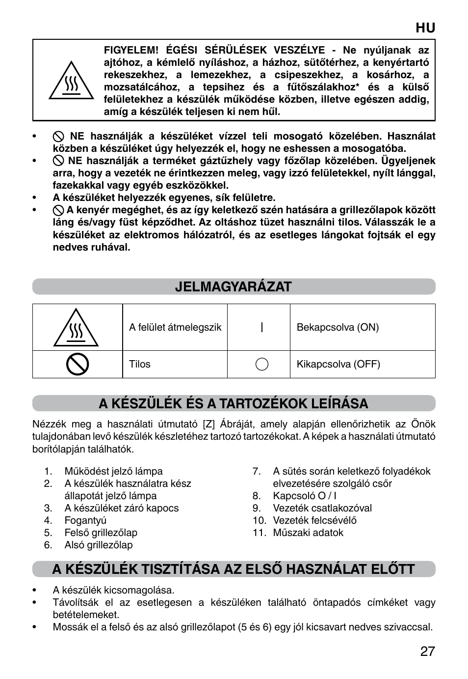 Hu 27, Jelmagyarázat, A készülék és a tartozékok leírása | A készülék tisztítása az első használat előtt | Imetec DOLCEVITA GL5 User Manual | Page 29 / 56