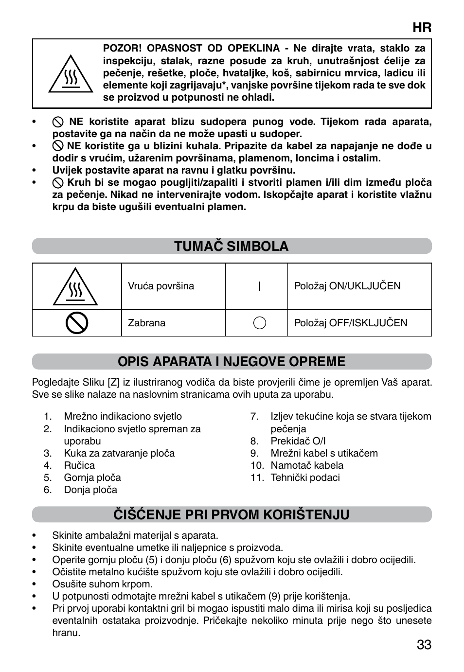 Hr 33, Tumač simbola, Opis aparata i njegove opreme | Čišćenje pri prvom korištenju | Imetec DOLCEVITA GL5 User Manual | Page 35 / 56