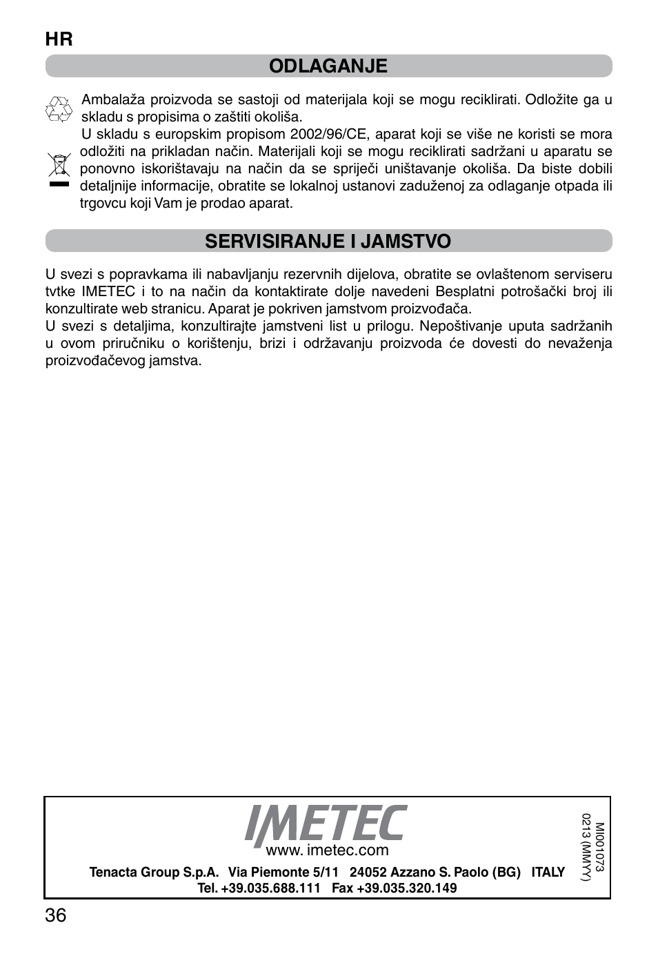 Hr 36 odlaganje, Servisiranje i jamstvo | Imetec DOLCEVITA GL5 User Manual | Page 38 / 56