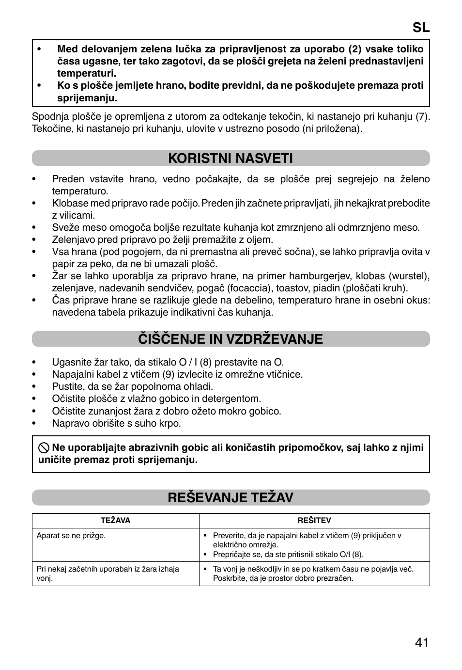 Sl 41, Koristni nasveti, Čiščenje in vzdrževanje | Reševanje težav | Imetec DOLCEVITA GL5 User Manual | Page 43 / 56