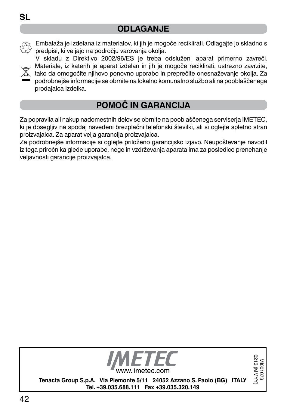 Sl 42 odlaganje, Pomoč in garancija | Imetec DOLCEVITA GL5 User Manual | Page 44 / 56