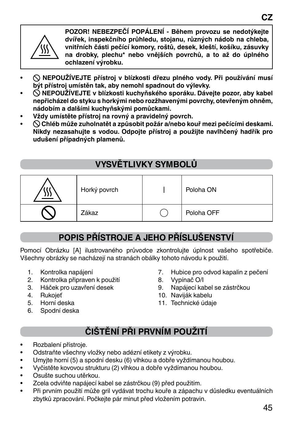 Cz 45, Vysvětlivky symbolů, Popis přístroje a jeho příslušenství | Čištění při prvním použití | Imetec DOLCEVITA GL5 User Manual | Page 47 / 56