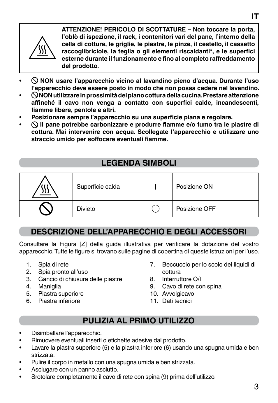 It 3, Legenda simboli, Descrizione dell’apparecchio e degli accessori | Pulizia al primo utilizzo | Imetec DOLCEVITA GL5 User Manual | Page 5 / 56