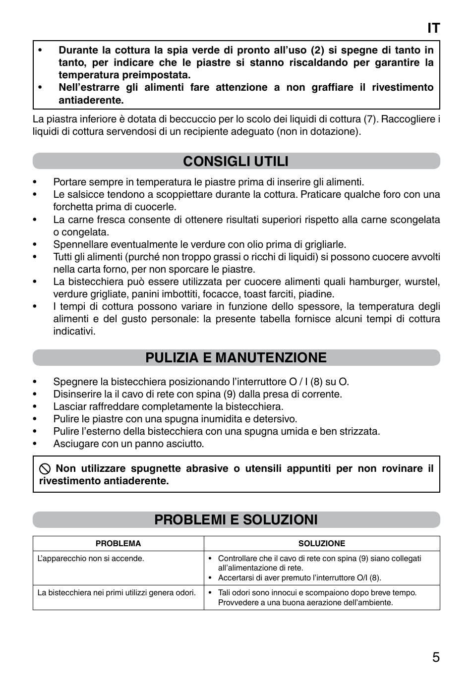 It 5, Consigli utili, Pulizia e manutenzione | Problemi e soluzioni | Imetec DOLCEVITA GL5 User Manual | Page 7 / 56