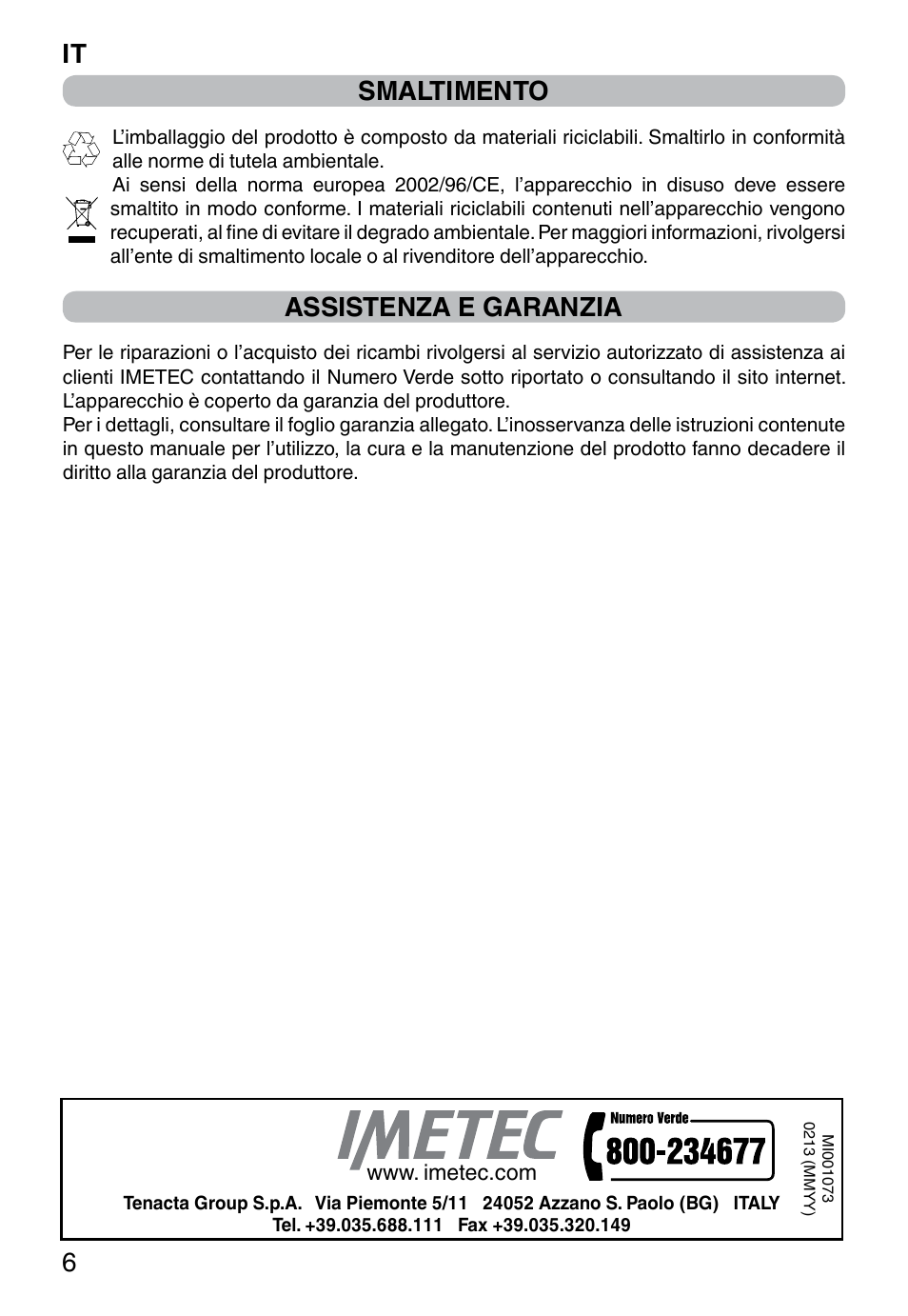 It 6 smaltimento, Assistenza e garanzia | Imetec DOLCEVITA GL5 User Manual | Page 8 / 56