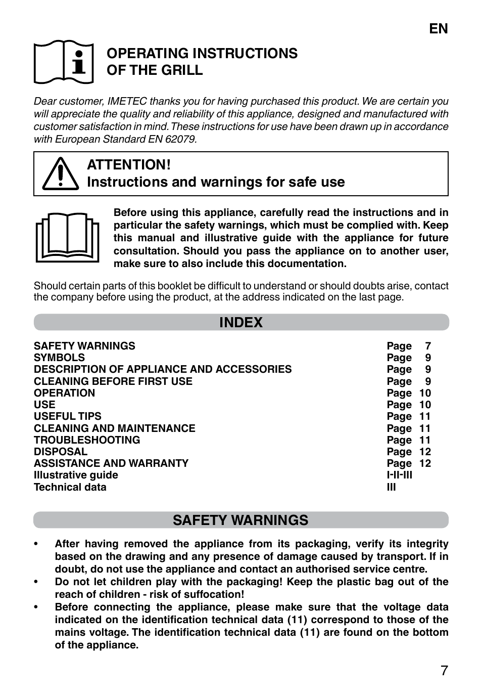 En 7 operating instructions of the grill, Attention! instructions and warnings for safe use, Index | Safety warnings | Imetec DOLCEVITA GL5 User Manual | Page 9 / 56