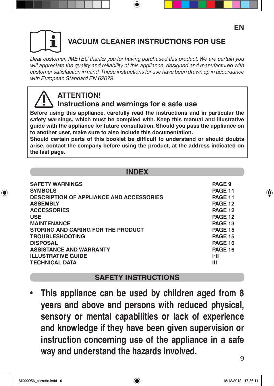 En 9 vacuum cleaner instructions for use, Index, Safety instructions | Imetec SILENT POWER COMPACT User Manual | Page 11 / 34