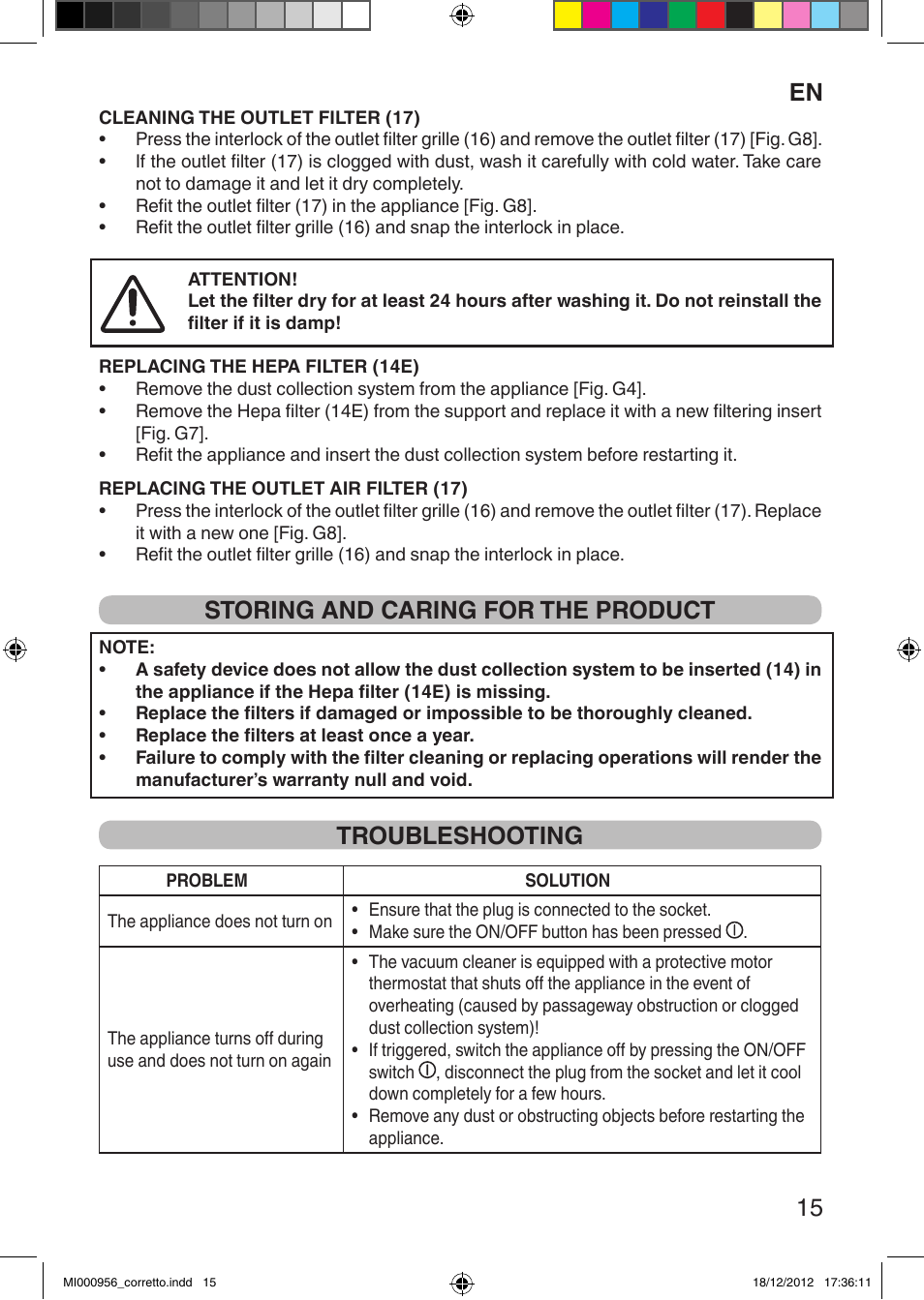 En 15, Storing and caring for the product, Troubleshooting | Imetec SILENT POWER COMPACT User Manual | Page 17 / 34