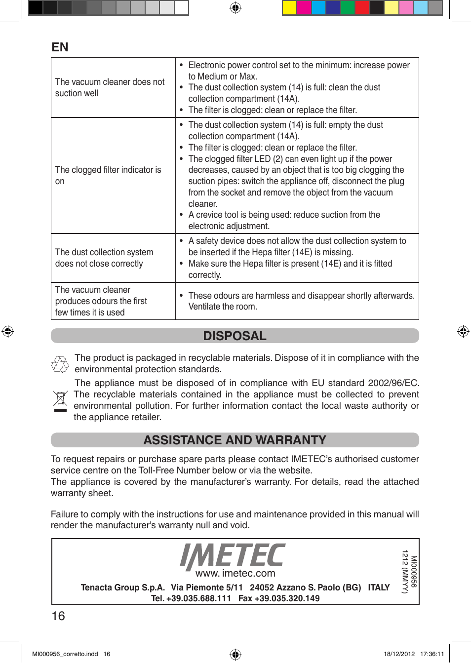 En 16, Disposal, Assistance and warranty | Imetec SILENT POWER COMPACT User Manual | Page 18 / 34