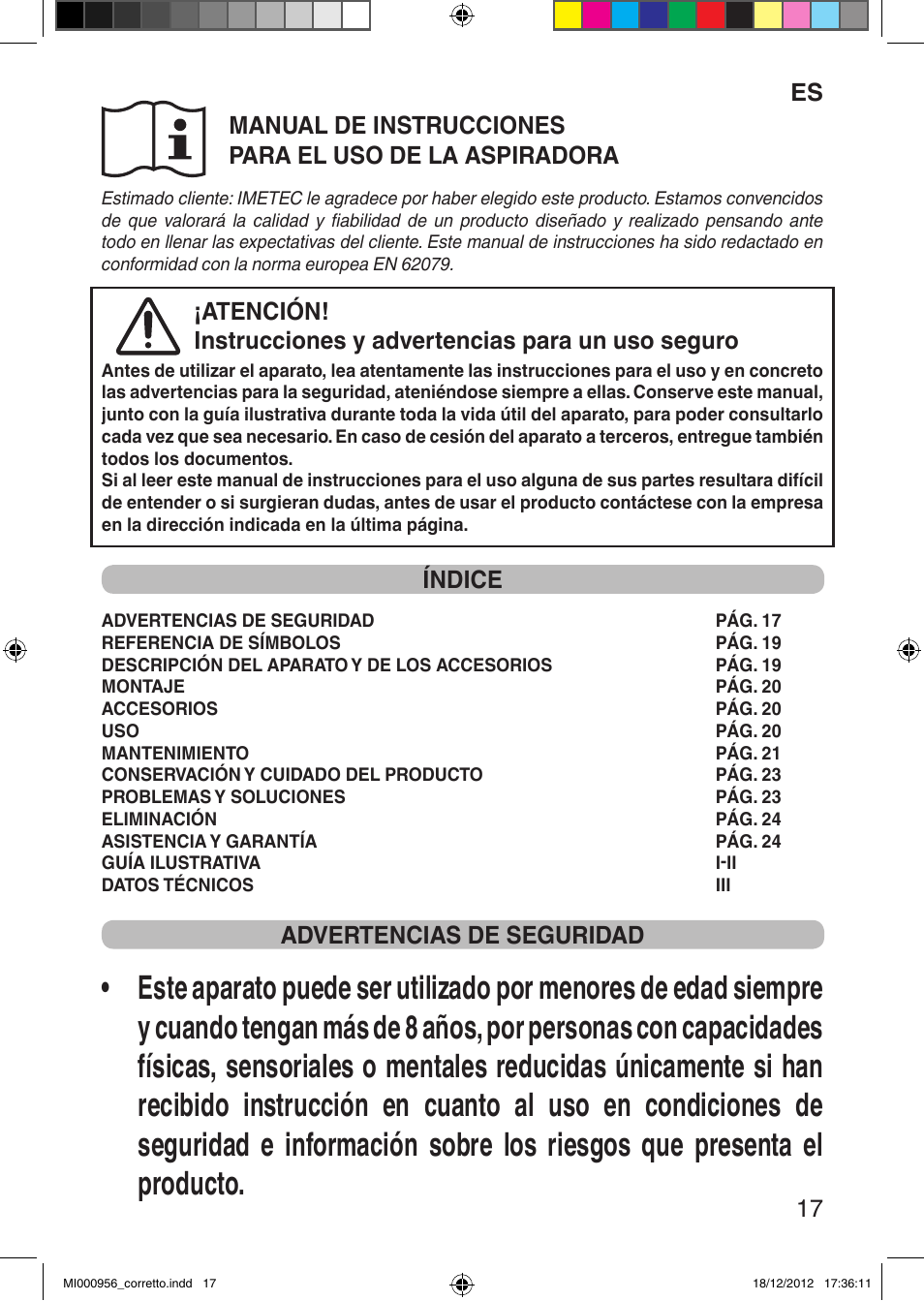 Índice, Advertencias de seguridad | Imetec SILENT POWER COMPACT User Manual | Page 19 / 34