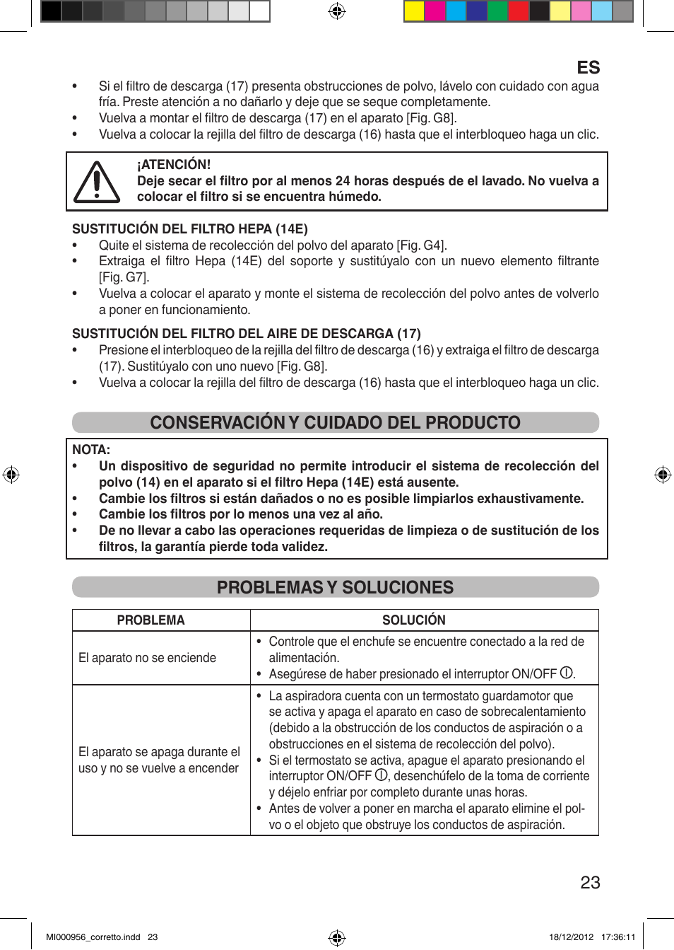 Es 23, Conservación y cuidado del producto, Problemas y soluciones | Imetec SILENT POWER COMPACT User Manual | Page 25 / 34