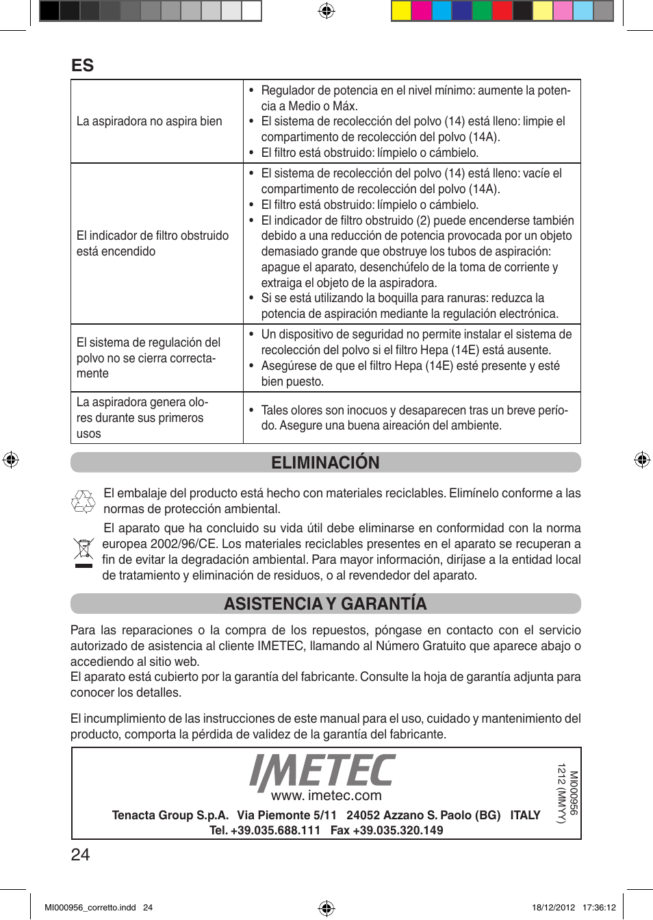 Es 24, Eliminación, Asistencia y garantía | Imetec SILENT POWER COMPACT User Manual | Page 26 / 34