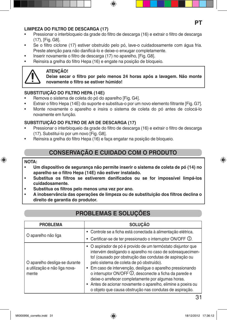 Pt 31, Conservação e cuidado com o produto, Problemas e soluções | Imetec SILENT POWER COMPACT User Manual | Page 33 / 34