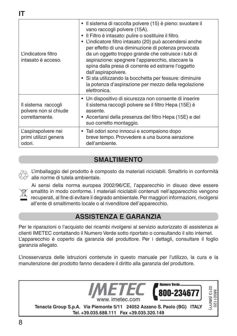 It 8, Smaltimento, Assistenza e garanzia | Imetec ECO E1 User Manual | Page 10 / 34