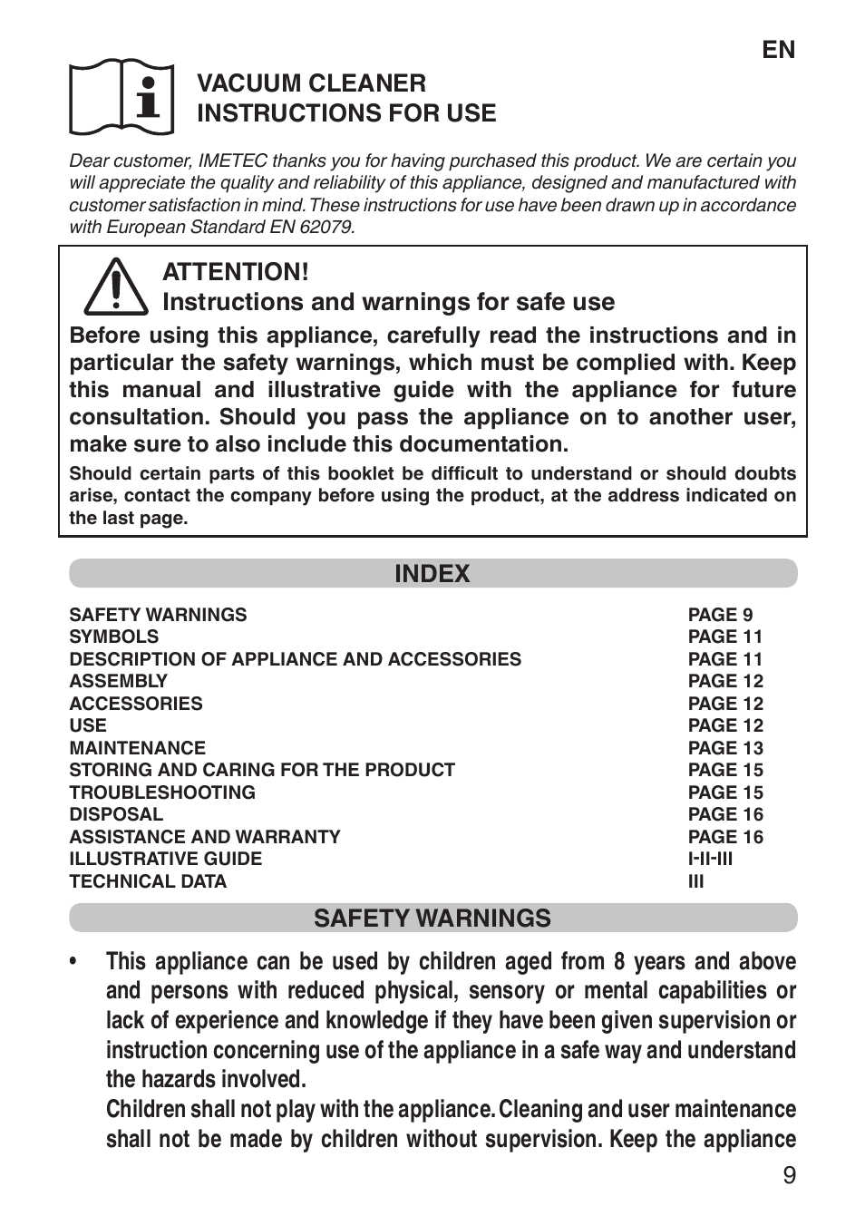 En 9 vacuum cleaner instructions for use, Attention! instructions and warnings for safe use, Index | Imetec ECO E1 User Manual | Page 11 / 34