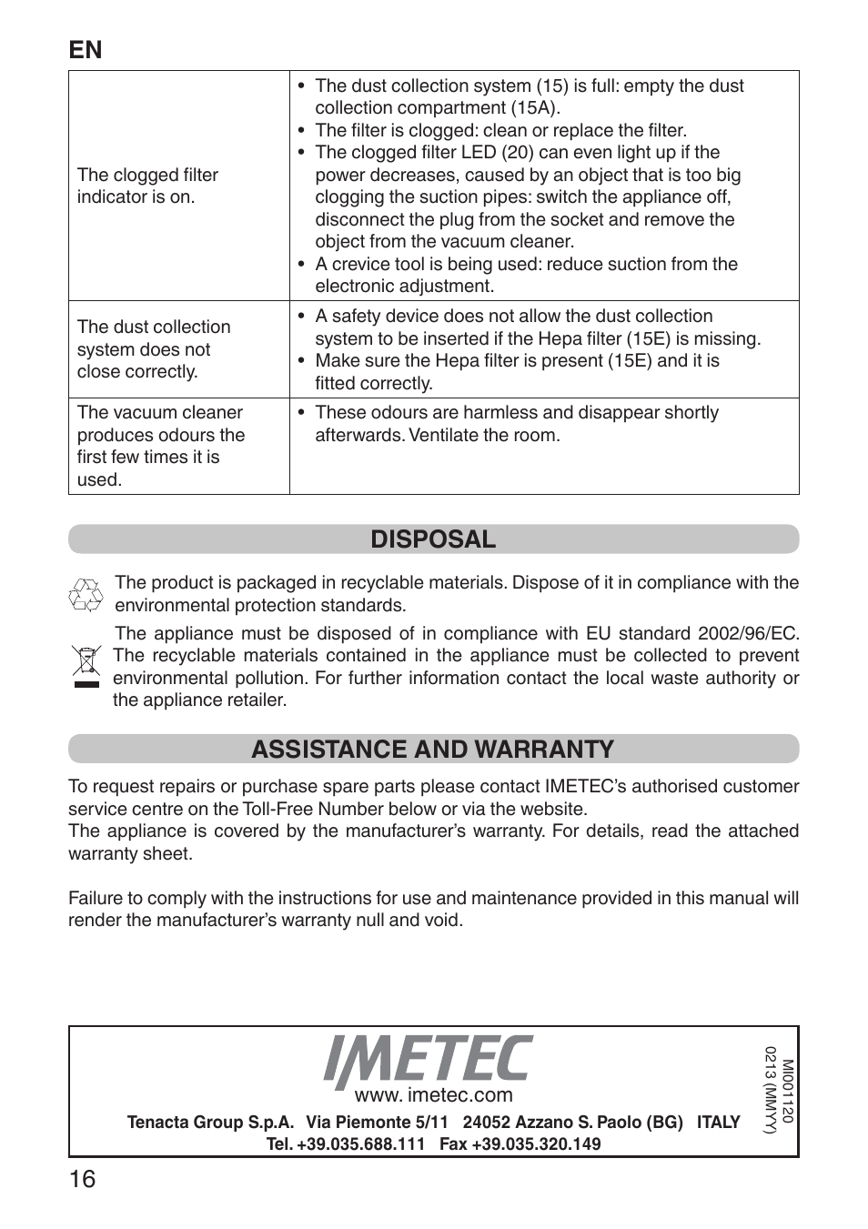 En 16, Disposal, Assistance and warranty | Imetec ECO E1 User Manual | Page 18 / 34