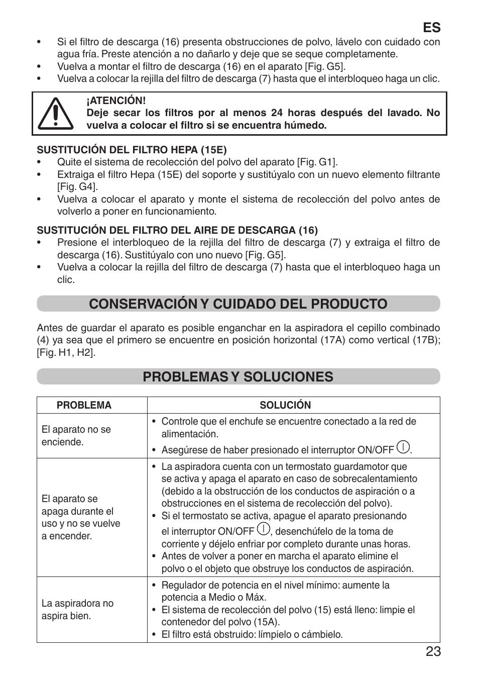 Es 23, Conservación y cuidado del producto, Problemas y soluciones | Imetec ECO E1 User Manual | Page 25 / 34