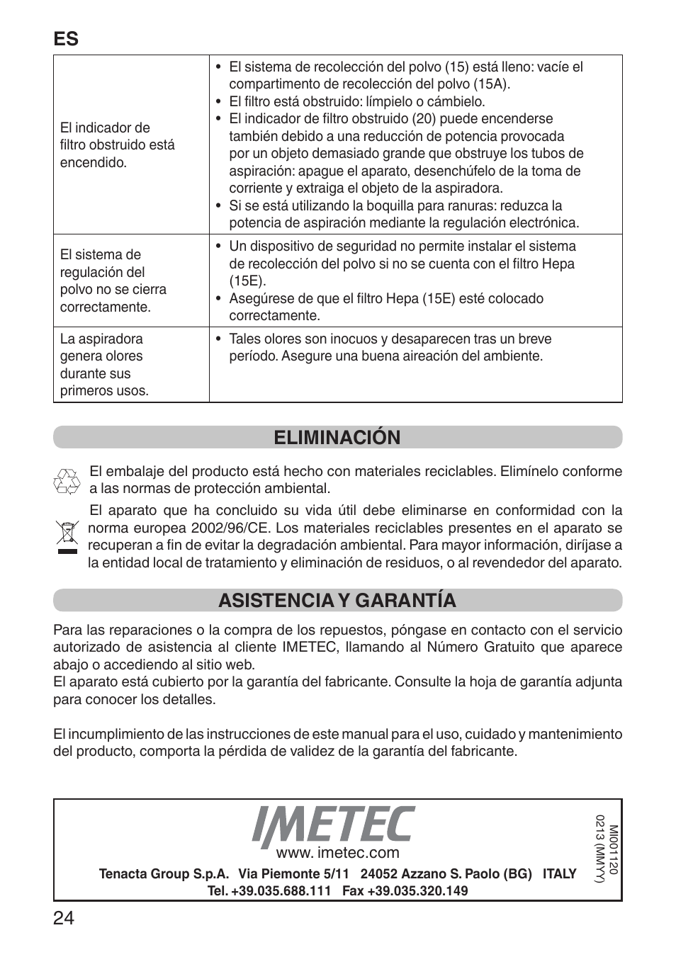 Es 24, Eliminación, Asistencia y garantía | Imetec ECO E1 User Manual | Page 26 / 34