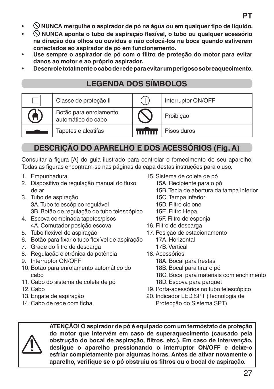 Pt 27, Legenda dos símbolos, Descrição do aparelho e dos acessórios (fig. a) | Imetec ECO E1 User Manual | Page 29 / 34
