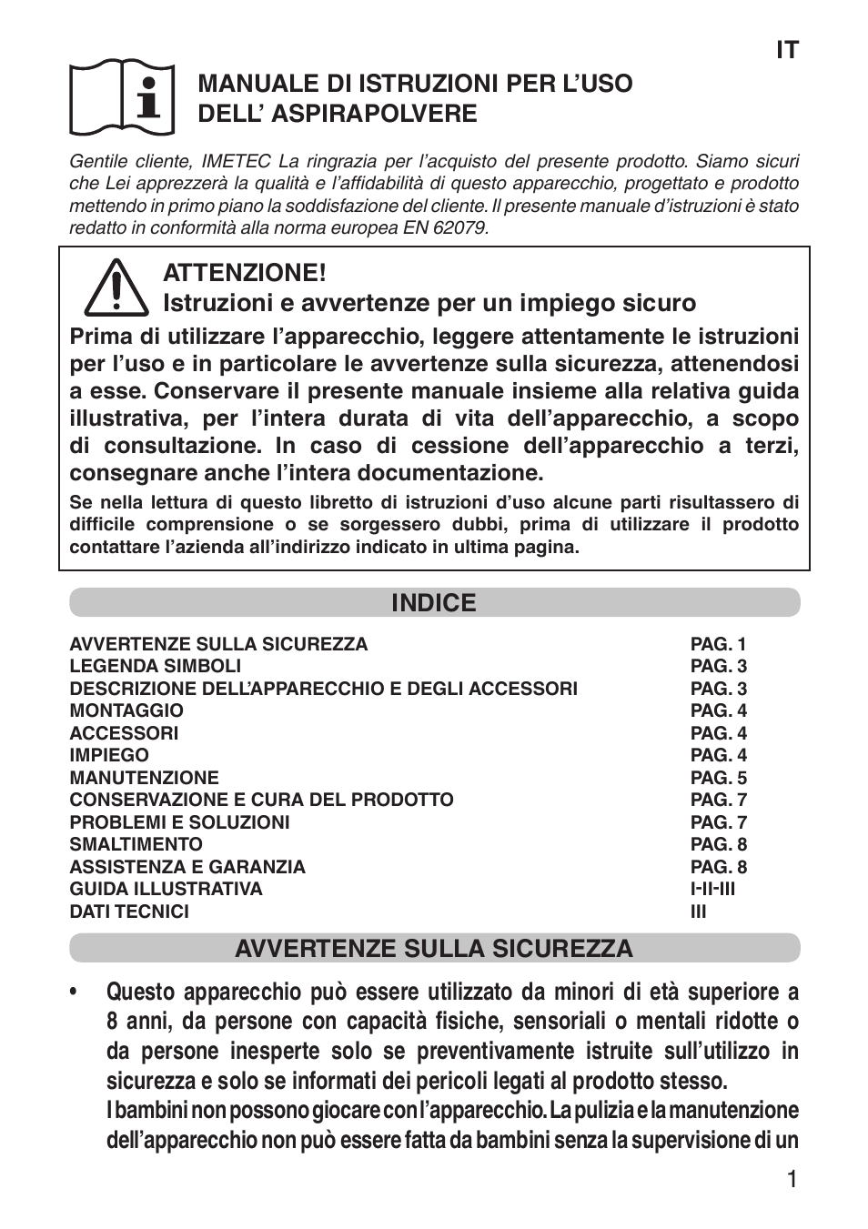 Indice | Imetec ECO E1 User Manual | Page 3 / 34