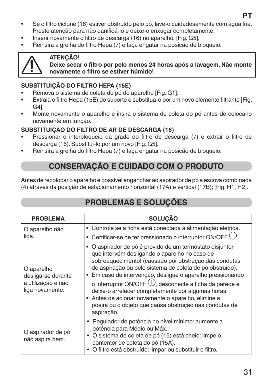 Pt 31, Conservação e cuidado com o produto, Problemas e soluções | Imetec ECO E1 User Manual | Page 33 / 34