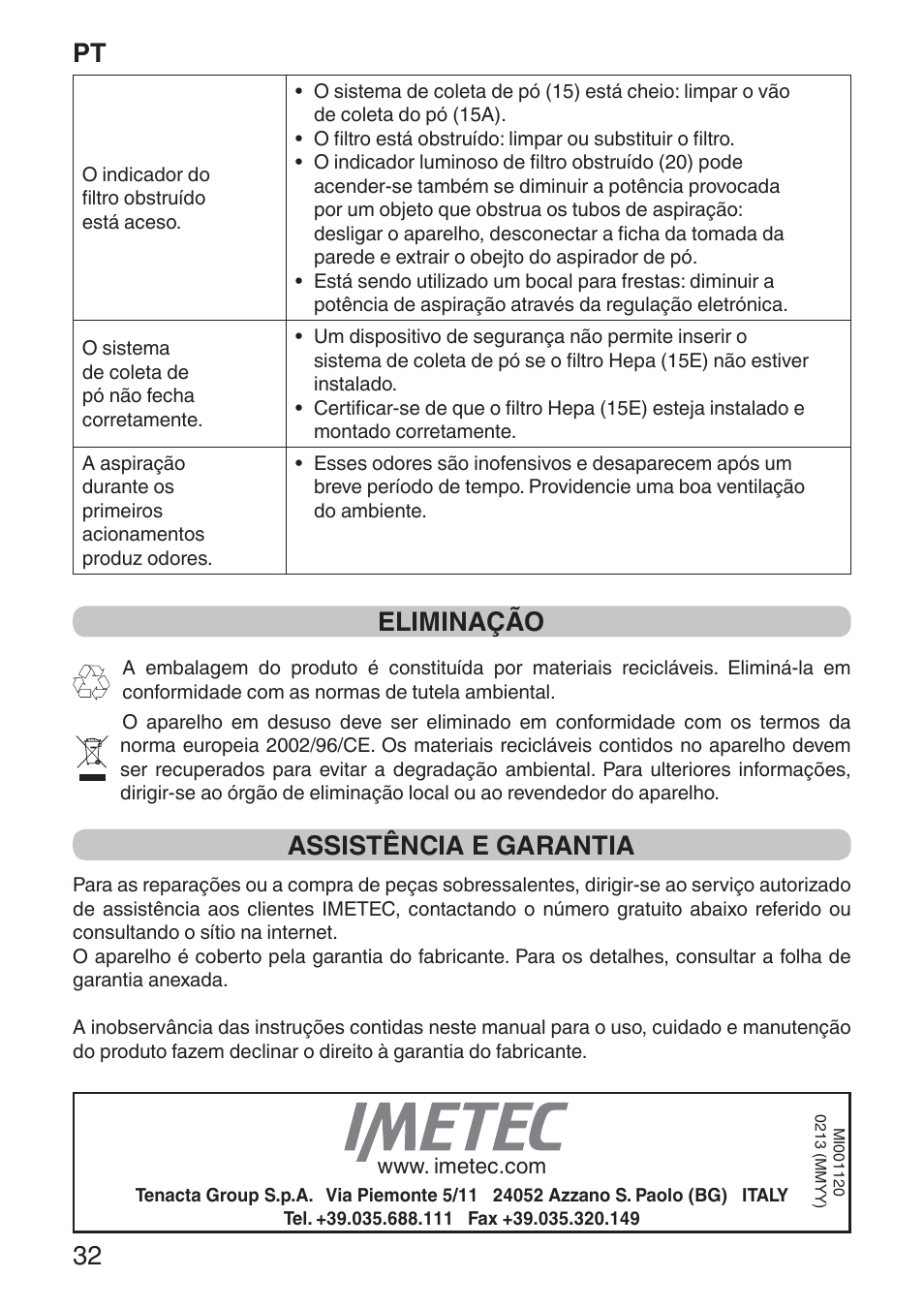 Pt 32, Eliminação, Assistência e garantia | Imetec ECO E1 User Manual | Page 34 / 34