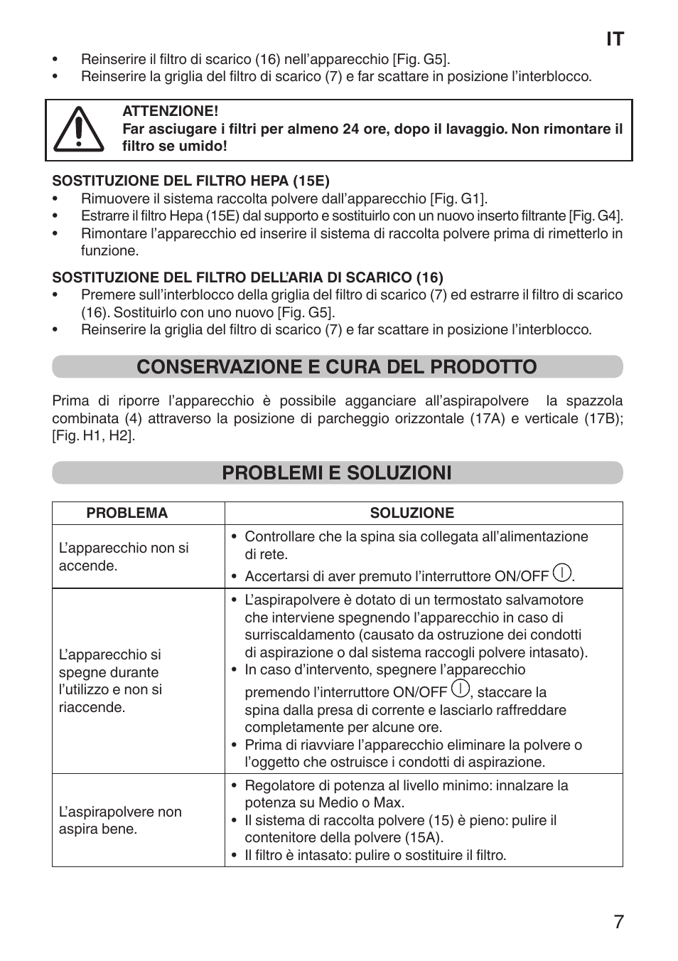 It 7, Conservazione e cura del prodotto, Problemi e soluzioni | Imetec ECO E1 User Manual | Page 9 / 34