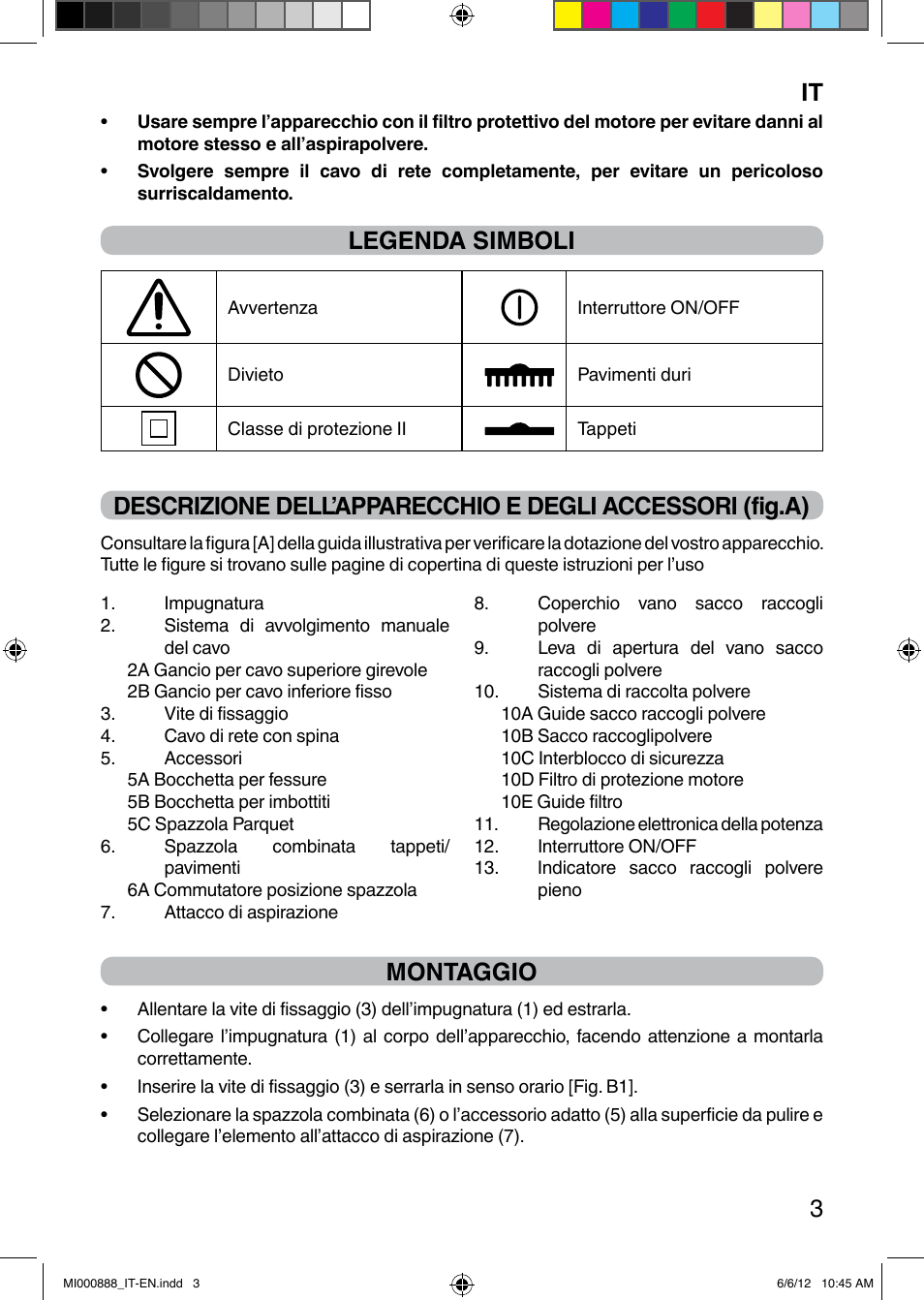 It 3, Legenda simboli, Montaggio | Imetec PIUMA NEXT SACCO User Manual | Page 11 / 24