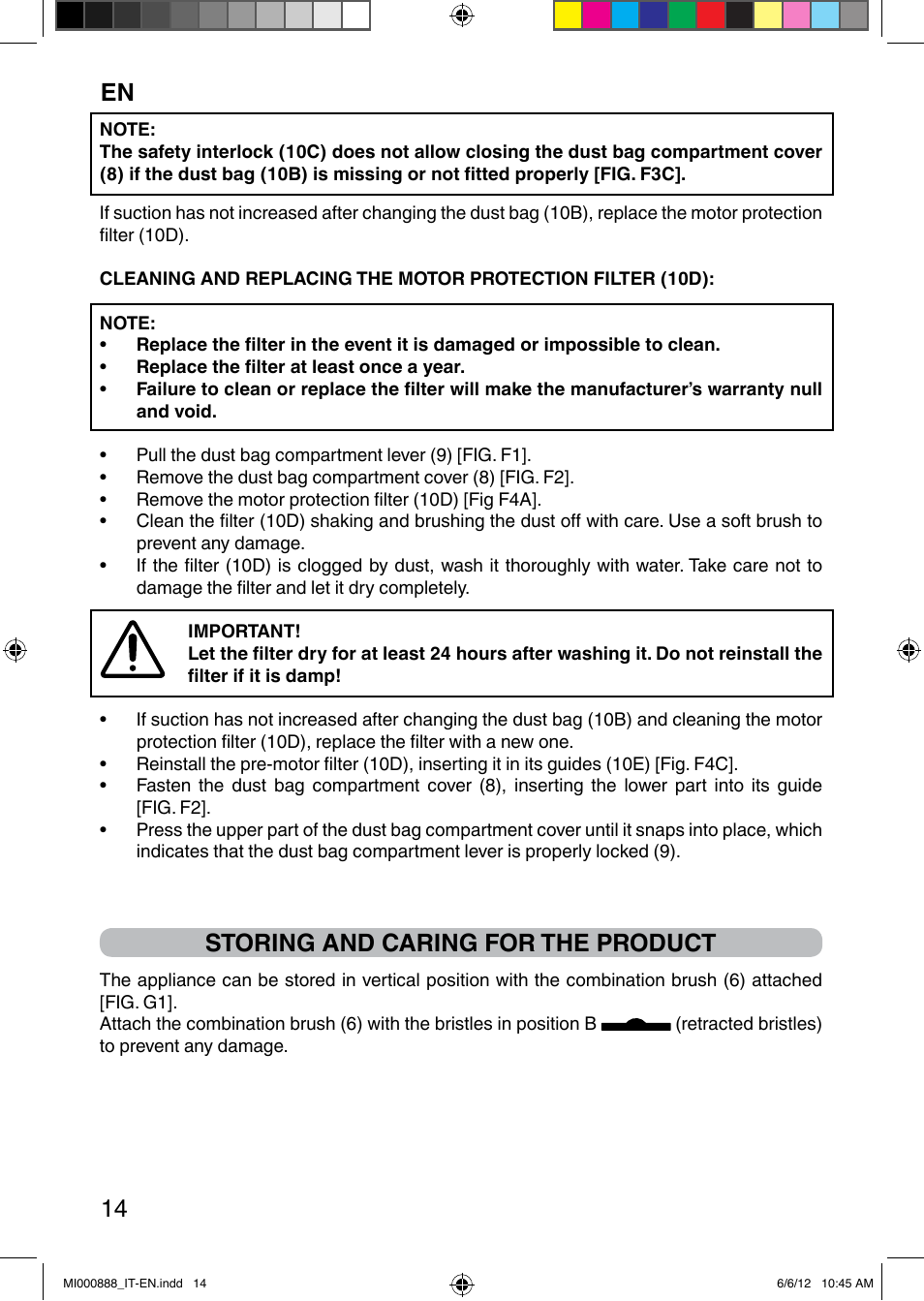 En 14, Storing and caring for the product | Imetec PIUMA NEXT SACCO User Manual | Page 22 / 24