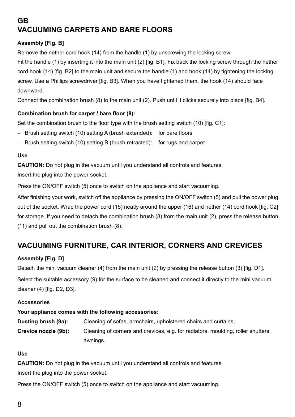 8 gb, Vacuuming carpets and bare floors | Imetec DUETTA User Manual | Page 10 / 27