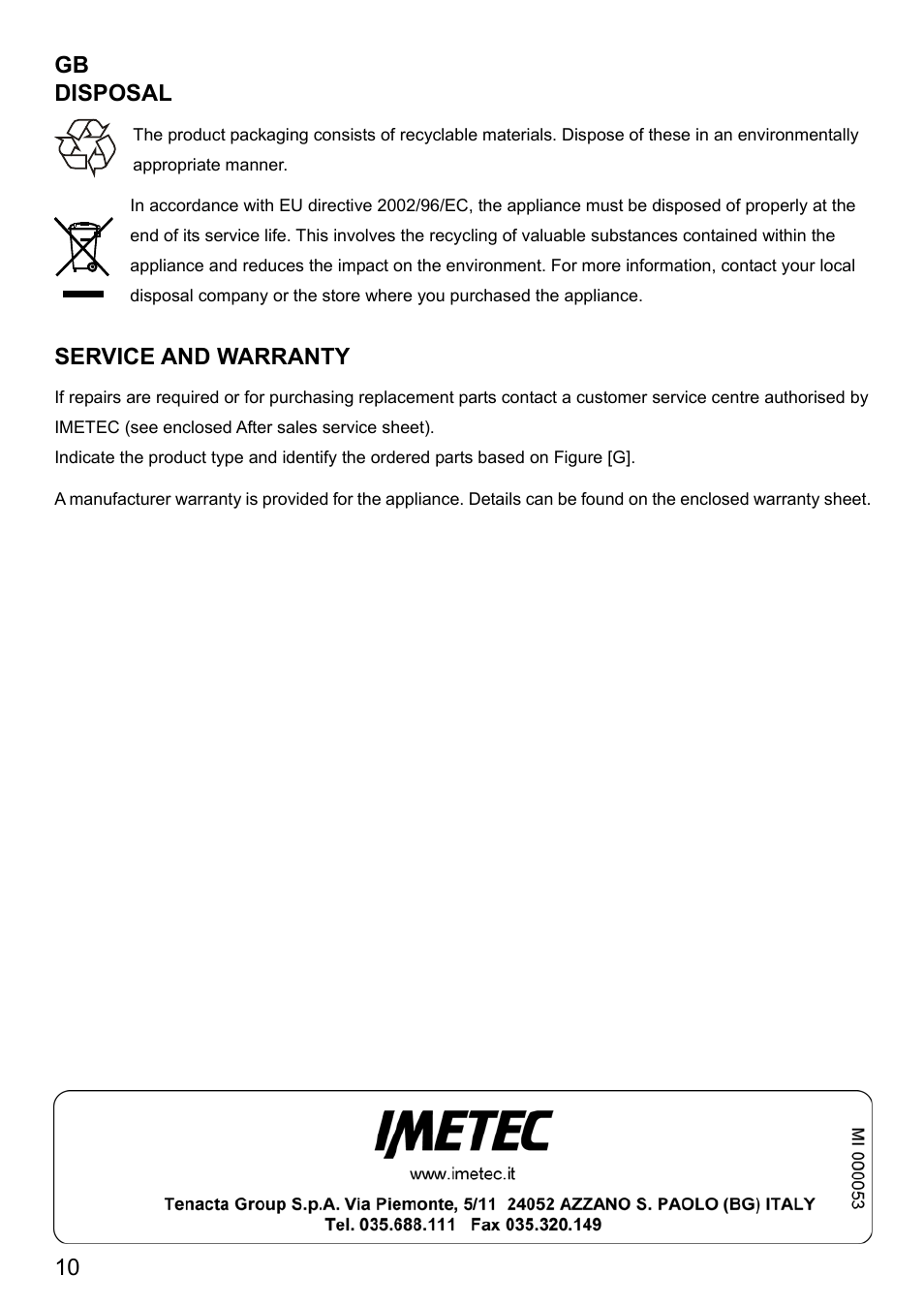 Gb disposal, Service and warranty | Imetec DUETTA User Manual | Page 12 / 27