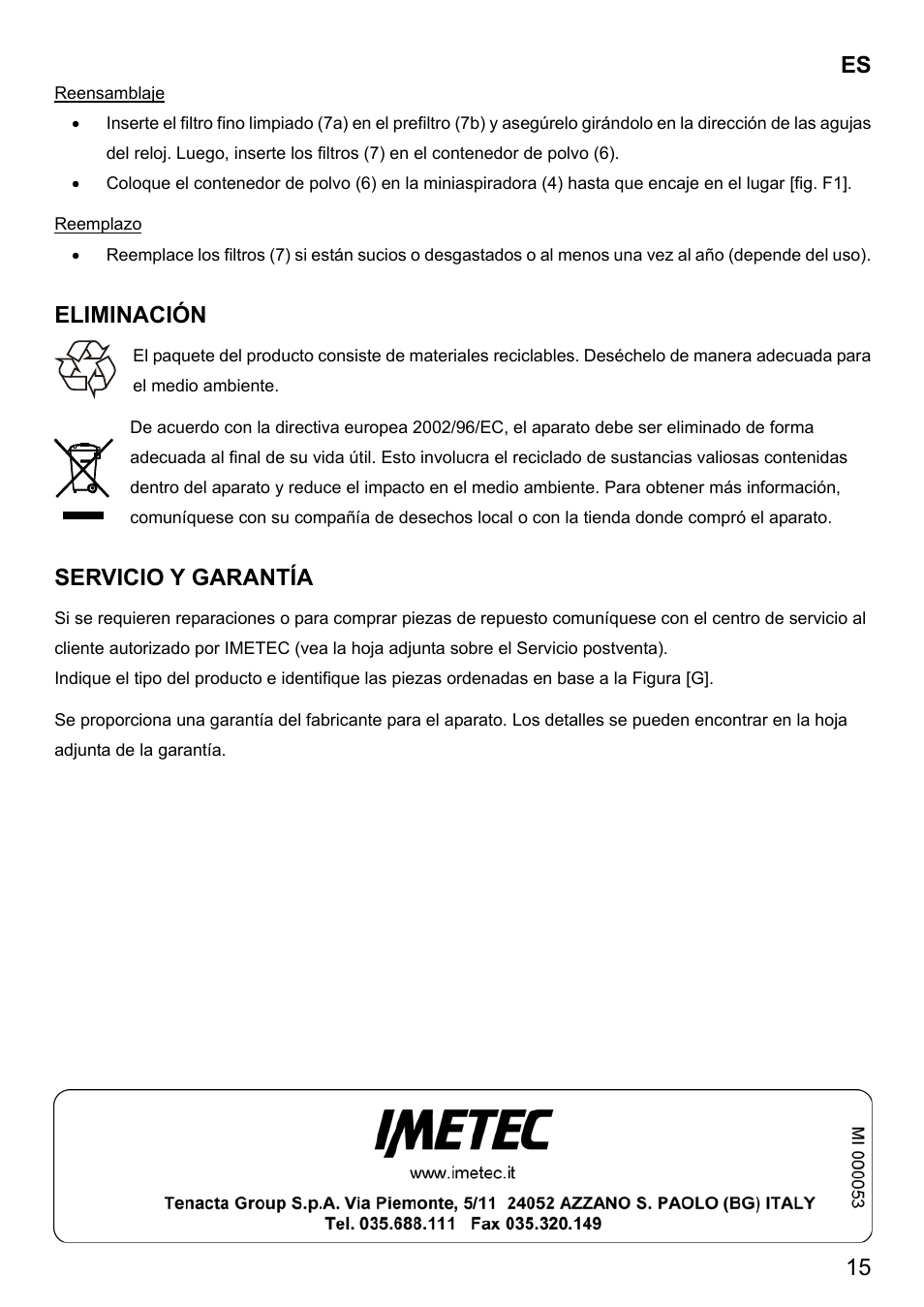 Eliminación, Ervicio y garantía | Imetec DUETTA User Manual | Page 17 / 27