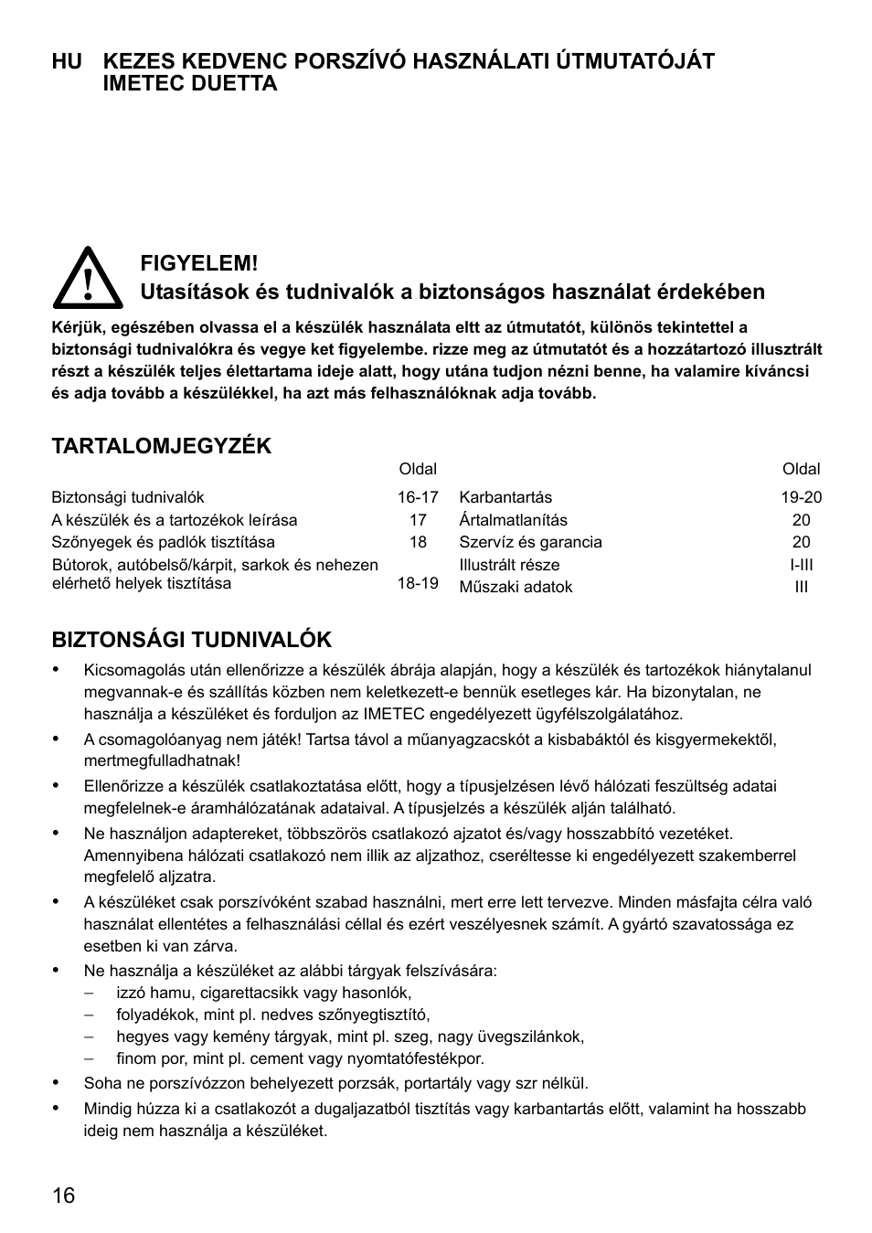 Tartalomjegyzék, Biztonsági tudnivalók | Imetec DUETTA User Manual | Page 18 / 27