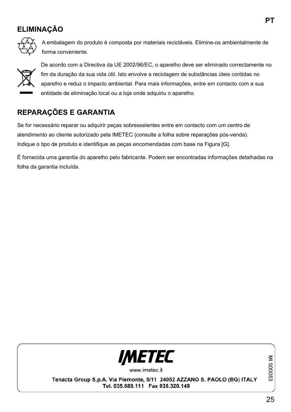 Pt eliminação, Eparações e garantia | Imetec DUETTA User Manual | Page 27 / 27