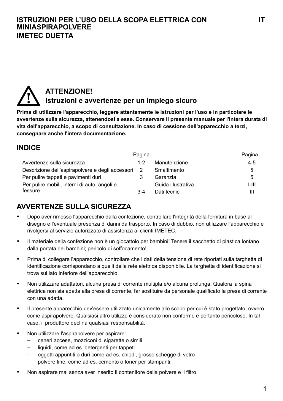 Indice, Avvertenze sulla sicurezza | Imetec DUETTA User Manual | Page 3 / 27